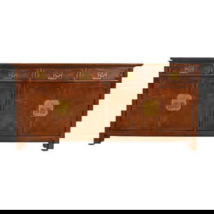 Henredon Hollywood Regency Chinoiserie Walnut Sideboard Credenza, Circa 1970s: An exceptional mid-century Hollywood Regency Chinoiserie sideboard, credenza, or bar cabinet By Henredon USA, Circa 1970s Beautiful sculpted walnut, with Asian-inspired brass hardware. Measures: 72"W