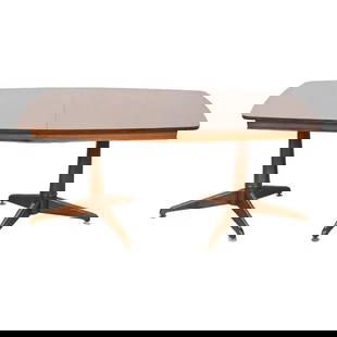 Kent Coffey Perspecta Mid-Century Modern Sculpted Walnut Double Pedestal Extension Dining Table: An exceptional Mid-Century Modern boat-shaped double pedestal extension dining tableBy Kent Coffey, "Perspecta" CollectionUSA, 1960sGorgeous book-matched walnut, with sculpted solid walnut pedestals