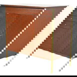 Paul McCobb Connoisseur Collection Mahogany and Brass Lift Top Bar Cabinet, Newly Refinished: A rare and exceptional Mid-Century Modern lift top bar cabinetBy Paul McCobb for H. Sacks & Sons, "Connoisseur Collection"USA, 1950sHonduran mahogany, with brass legs and hardware. Cabinet locks, and