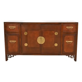 Michael Taylor for Baker Hollywood Regency Chinoiserie Burled Walnut Sideboard Credenza, Circa 1970s