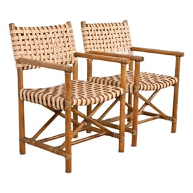 McGuire Hollywood Regency Organic Modern Bamboo and Woven Leather Club Chairs, Pair