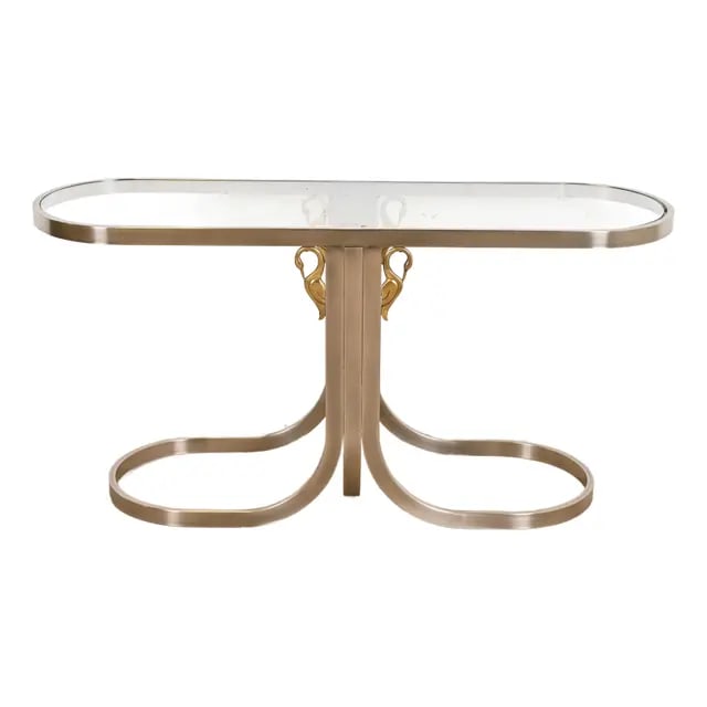 Design Institute America Modern Brushed Steel and Brass Glass Top Swan Console Table: A gorgeous Modern console table with swan motif In the style of Milo Baughman By Design Institute America USA, 1985 Brushed steel, with brass swans, and glass top. Measures: 54"W x 16"D x 26.75"H. Ver