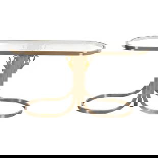Design Institute America Modern Brushed Steel and Brass Glass Top Swan Console Table: A gorgeous Modern console table with swan motifIn the style of Milo BaughmanBy Design Institute AmericaUSA, 1985Brushed steel, with brass swans, and glass top.Measures: 54"W x 16"D x 26.75"H.Very