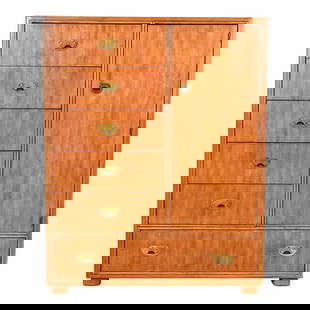 Drexel Heritage Hollywood Regency Campaign Oak Gentleman's Chest or Armoire Dresser: A gorgeous mid-century modern Hollywood Regency Campaign style armoire dresser or gentleman's chestBy Drexel HeritageUSA, Circa 1980sOak, with original brass hardware. Shelves are adjustableMeasures: