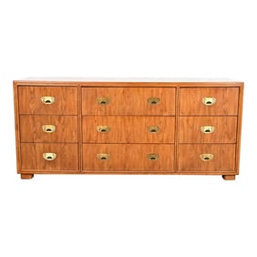 Drexel Heritage Hollywood Regency Campaign Oak Triple Dresser or Credenza
