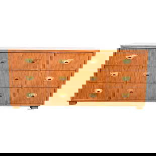 Drexel Heritage Hollywood Regency Campaign Oak Triple Dresser or Credenza: A gorgeous mid-century modern Hollywood Regency Campaign style nine-drawer dresser or credenzaBy Drexel HeritageUSA, Circa 1980sOak, with original brass hardware.Measures: 65.75"W x 19"D x