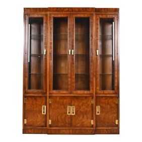 Drexel Heritage Hollywood Regency Campaign Burled Mahogany Lighted Bookcase or Display Cabinet
