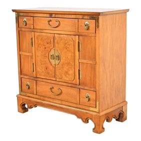 Thomasville Hollywood Regency Chinoiserie Burl Wood Commode or Bar Cabinet, Circa 1960s