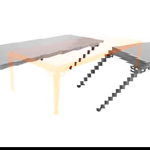 Michael Taylor for Baker Far East Collection Burled Walnut Extension Dining Table, Newly Refinished: An exceptional mid-century modern Hollywood Regency Chinoiserie extension dining table By Michael Taylor for Baker Furniture, "Far East Collection" USA, 1960s Sculpted walnut with carved Asian design,