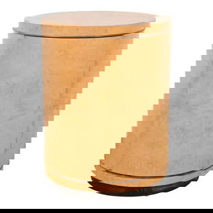 Milo Baughman Style Burl Wood Drum Side Table by Henredon: A stunning Milo Baughman style Mid-Century Modern drum side tableBy Henredon, "Scene Two" CollectionUSA, 1980sBurled olive wood, with ash interior, Macassar ebony trim, and ebonized plinth