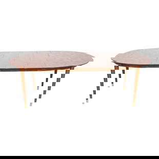 Bert England for Johnson Furniture Patchwork Walnut Extension Dining Table, Newly Refinished: An exceptional Mid-Century Modern extension dining tableBy Bert England for Johnson FurnitureUSA, 1950sGorgeous inlaid walnut patchwork parquetry top, with tapered solid walnut legs terminating in