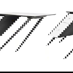 Paul McCobb Planner Group Black and White Lacquered Writing Desk, Newly Refinished: An exceptional minimalist Mid-Century Modern writing desk By Paul McCobb for Winchendon Furniture, "Planner Group" USA, 1950s Black and white lacquered solid maple, with brass hardware. Measures: 48"W