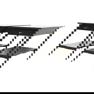 Paul McCobb Planner Group Mid-Century Modern Black Lacquered Nightstands, Newly Refinished: A sleek and stylish pair of Mid-Century Modern single drawer nightstands or end tables By Paul McCobb for Winchendon Furniture, "Planner Group" USA, 1950s Black lacquered solid birch, with brass hardw