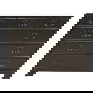 Michael Taylor for Baker Far East Collection Black Lacquered Dresser Chest, Newly Refinished: A stunning mid-century modern Hollywood Regency Chinoiserie six-drawer dresser, chest of drawers, or sideboard server By Michael Taylor for Baker Furniture, "Far East" Collection USA, 1960s Black lacq