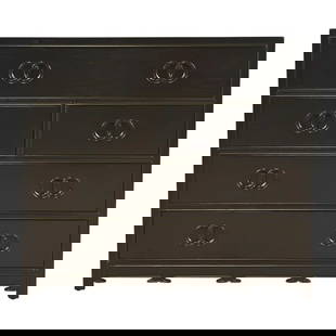 Michael Taylor for Baker Far East Collection Black Lacquered Dresser Chest, Newly Refinished: A stunning mid-century modern Hollywood Regency Chinoiserie five-drawer dresser or chest of drawersBy Michael Taylor for Baker Furniture, "Far East" CollectionUSA, 1960sBlack lacquered walnut, with