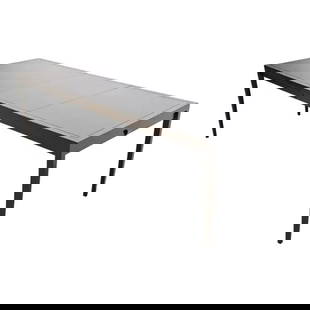 John Van Koert for Drexel Mid-Century Modern Black Lacquered Extension Dining Table: A sleek and stylish Mid-Century Modern black lacquered extension dining table By John Van Koert for Drexel, "Counterpoint" Collection USA, 1956 Measures: 54"W x 36"D x 29.75"H. Extends up to 90"W with