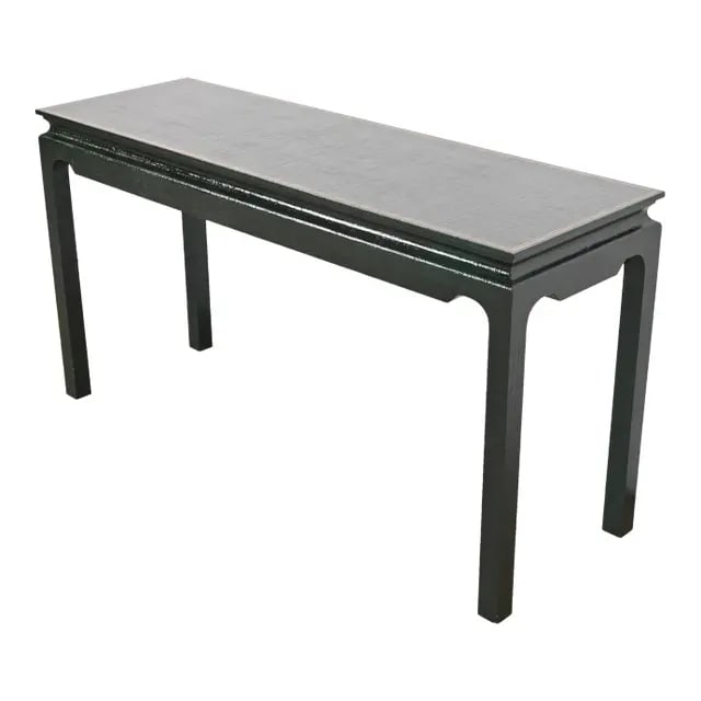 Harrison Van Horn Hollywood Regency Chinoiserie Green Lacquered Raffia Grasscloth Console Table: A gorgeous Hollywood Regency Chinoiserie style console table or sofa table By Harrison Van Horn USA, Early 21st Century Beautiful deep green lacquered raffia grasscloth, with gold gilt trim. Measures: