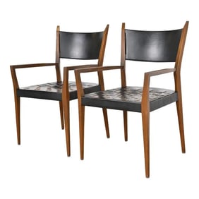 Paul McCobb for Directional Irwin Collection Mahogany and Woven Leather Armchairs, Pair