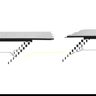 Paul McCobb for Directional Black Lacquer and Brass Extension Dining Table, Newly Refinished: An exceptional Mid-Century Modern extension dining table By Paul McCobb for Directional and produced by Calvin Furniture USA, 1950s Black lacquered mahogany, with brass stretchers. Measures: 60"W x 38