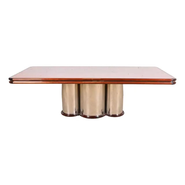 Stanley Jay Friedman for Brueton Mid-Century Modern Mahogany and Polished Steel Dining Table: A gorgeous Mid-Century Modern "Radial" dining table By Stanley Jay Friedman for Brueton USA, Circa 1980s Beautiful mahogany top, with polished steel banding and cylindrical drum pedestal base. Measure