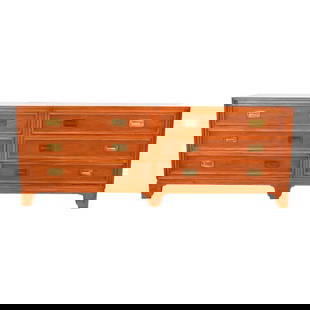 Baker Furniture Hollywood Regency Campaign Walnut Dresser or Credenza: A gorgeous mid-century modern Hollywood Regency Campaign style long dresser or credenza By Baker Furniture, "Milling Road" Collection USA, 1960s Walnut, with original brass hardware. Measures: 79.25"W
