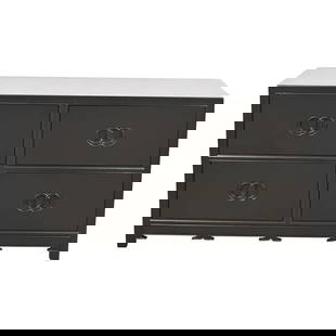 Michael Taylor for Baker Furniture Far East Collection Black Lacquered Dresser Chest: A stunning mid-century modern Hollywood Regency Chinoiserie four-drawer dresser, bachelor chest, or bedside chest By Michael Taylor for Baker Furniture, "Far East Collection" USA, 1960s Black lacquere