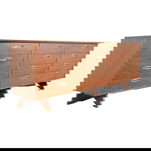 George Nakashima Monumental Sculpted Walnut Dresser for Widdicomb, Newly Restored: A very rare and exceptional mid-century Organic Modern monumental triple dresser, sideboard, or credenza By George Nakashima for Widdicomb Furniture, "Origins" Collection USA, 1961 Gorgeous sculpted w