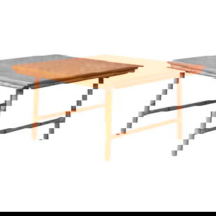 Heywood Wakefield Ashcraft Mid-Century Modern Hollywood Regency Bamboo Form Coffee Table, 1950s: A gorgeous mid-century modern Hollywood Regency Chinoiserie square coffee table By Heywood Wakefield USA, 1950s Solid ash top, with bamboo form legs and stretchers. Measures: 30.25"W x 30"D x 17"H. Ve
