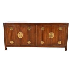 Henredon Hollywood Regency Chinoiserie Walnut and Brass Sideboard Credenza, Circa 1970s