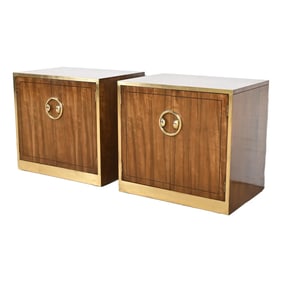 Mastercraft Mid-Century Hollywood Regency Campaign Walnut and Brass Nightstands, Pair