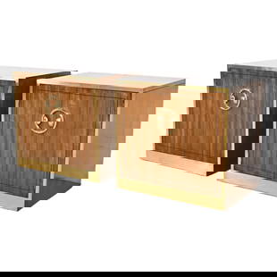 Mastercraft Mid-Century Hollywood Regency Campaign Walnut and Brass Nightstands, Pair: A gorgeous pair of Mid-Century Modern Hollywood Regency Campaign style bedside chests or nightstands By Mastercraft Furniture USA, 1970s Walnut, with brass trim and original brass hardware. Each measu