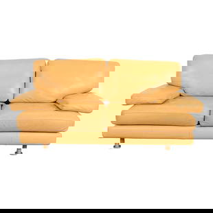 Ligne Roset Modern Yellow Leather Sofa or Loveseat: A gorgeous Modern sofa or loveseat By Ligne Roset France, Circa 1970s Measures: 69"W x 35.5"D x 32"H. Seat height: 16". Arm height: 20". Very good original vintage condition.