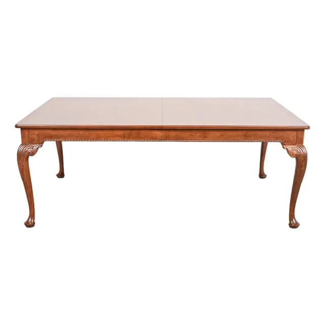 Baker Furniture Stately Homes Chippendale Burled Walnut Extension Dining Table, Newly Refinished