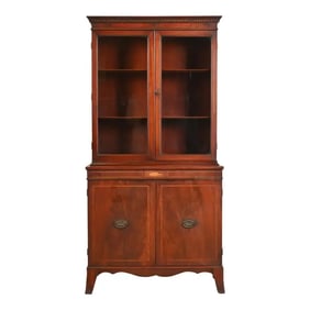Baker Furniture Style Georgian Inlaid Flame Mahogany Breakfront Bookcase Cabinet, Circa 1940s