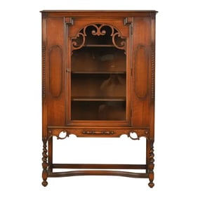 Antique Berkey & Gay Style English Jacobean Carved Walnut and Burl Wood Bookcase or Bar Cabinet