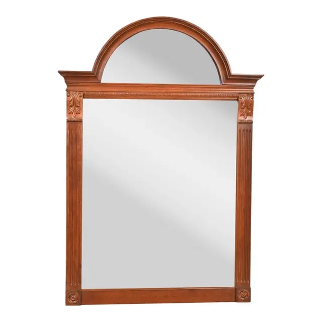 Ethan Allen Victorian Carved Cherry Wood Arched Wall Mirror: A gorgeous Victorian or Neoclassical style carved cherry wood framed arched wall mirror By Ethan Allen USA, Circa 1990s Measures: 33"W x 3"D x 46"H. Very good original vintage condition.