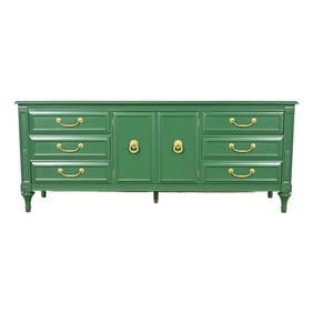 French Regency Louis XVI Green Lacquered Long Dresser or Credenza by Hickory, Newly Refinished