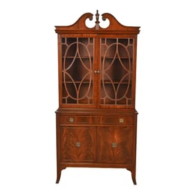 Baker Furniture Style Georgian Flame Mahogany Breakfront Bookcase Cabinet