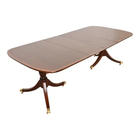 Baker Furniture Style Georgian Banded Mahogany Double Pedestal Extension Dining Table