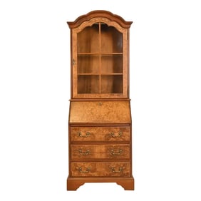 Georgian Cherry and Burl Wood Drop Front Secretary Desk With Lighted Bookcase Hutch by Jasper
