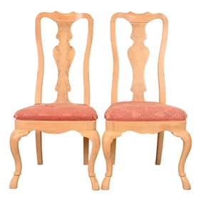 Drexel Heritage Queen Anne Carved Oak and Burl Wood Side Chairs or Dining Chairs, Pair
