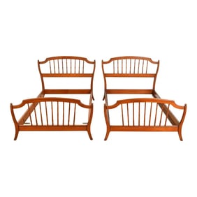 Stickley Brothers Antique Victorian Carved Maple Twin Size Faux Bamboo Spindle Beds, Pair