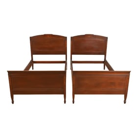 Kindel Furniture Style Federal Mahogany Inlaid Marquetry Twin Beds, Pair
