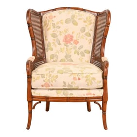 Ethan Allen Regency Faux Bamboo and Cane Wingback Upholstered Lounge Chair