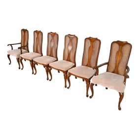 Queen Anne Solid Walnut and Cane High Back Dining Chairs by Mount Airy Furniture, Set of Six