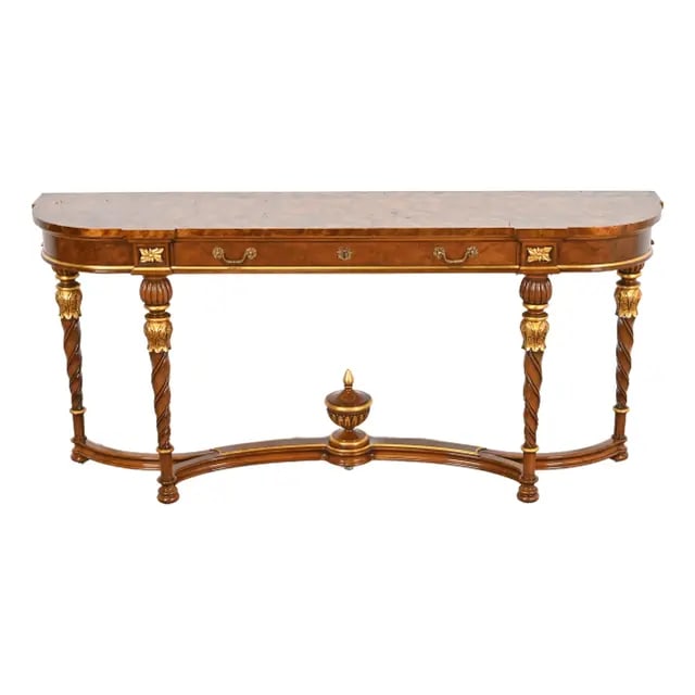 Karges French Regency Louis XVI Burled Walnut and Gold Gilt Console Table or Server: A gorgeous French Regency Louis XVI style console table, entry table, or buffet server By Karges Furniture USA, Circa 1980s Beautiful carved burled walnut, with faux tortoise shell top, gold gilt acce