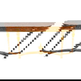 Karges French Regency Louis XVI Burled Walnut and Gold Gilt Console Table or Server: A gorgeous French Regency Louis XVI style console table, entry table, or buffet server By Karges Furniture USA, Circa 1980s Beautiful carved burled walnut, with faux tortoise shell top, gold gilt acce