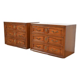 Henredon French Provincial Louis XV Carved Walnut Chests of Drawers, Pair