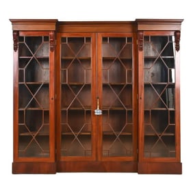 Antique English Georgian Carved Flame Mahogany Triple Bookcase Cabinet, Circa 1900