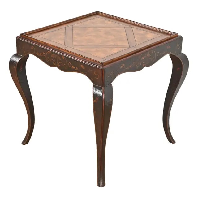 Baker Furniture French Provincial Louis XV Burl Wood and Walnut Parcel Painted Tea Table: A gorgeous French Provincial Louis XV style tea table or occasional side table By Baker Furniture, "Milling Road" Collection China, Early 21st Century Crackle lacquered hand painted legs, with gorgeou